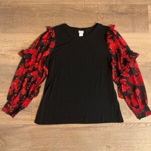 Chico’s black and red fluffy floral sleeve top, 2 (L, 12)